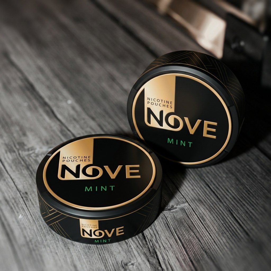 Nove Mint nicotine pouches - two black and gold cans on a wooden table
